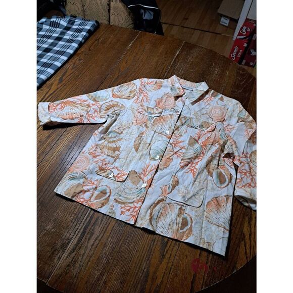 Size 14 Alfred Dunner Cotton Button Seashell Blouse Shirt Top Tan Peach Teal - Picture 1 of 6